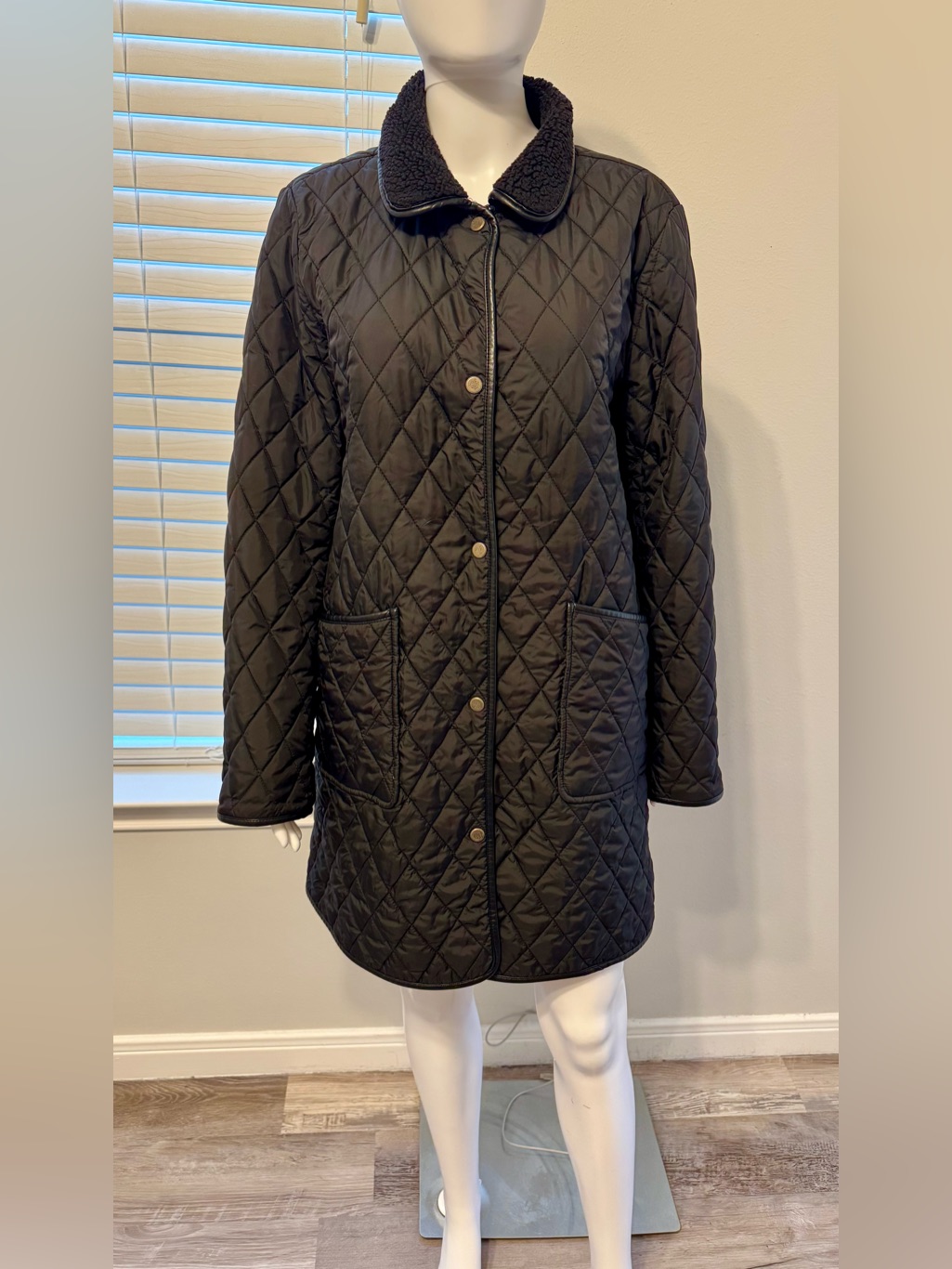 Lauren Ralph Lauren Black Quilted Coat With Faux Leather Trim Size L Snap-Button